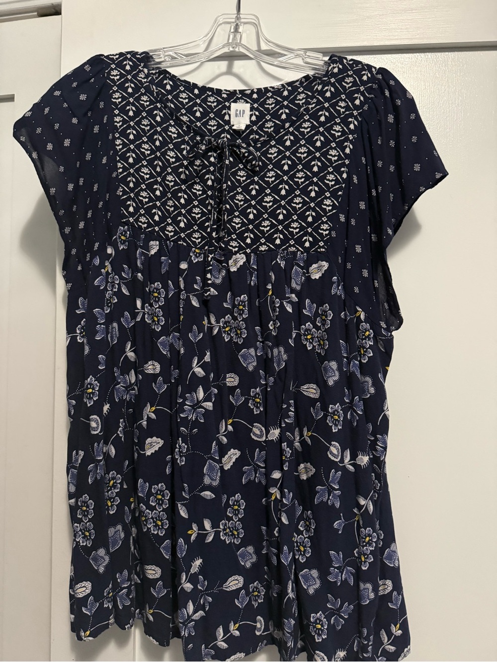 GAP Navy Floral Tie-Neck Peasant Blouse